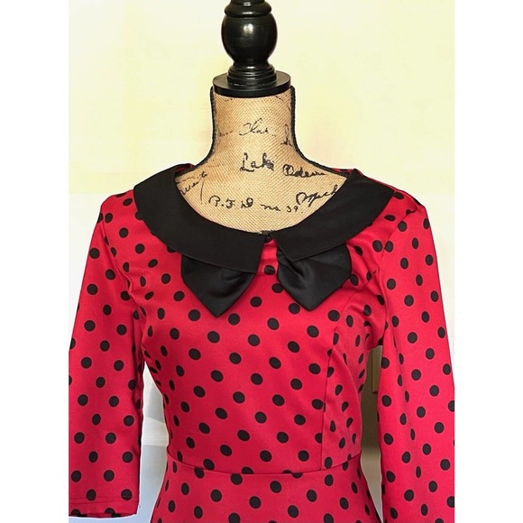 LINDY BOP DRESS POLKA DOT ROCKABILLY MIDI SWING RED BLACK MEDIUM M - Picture 2 of 5